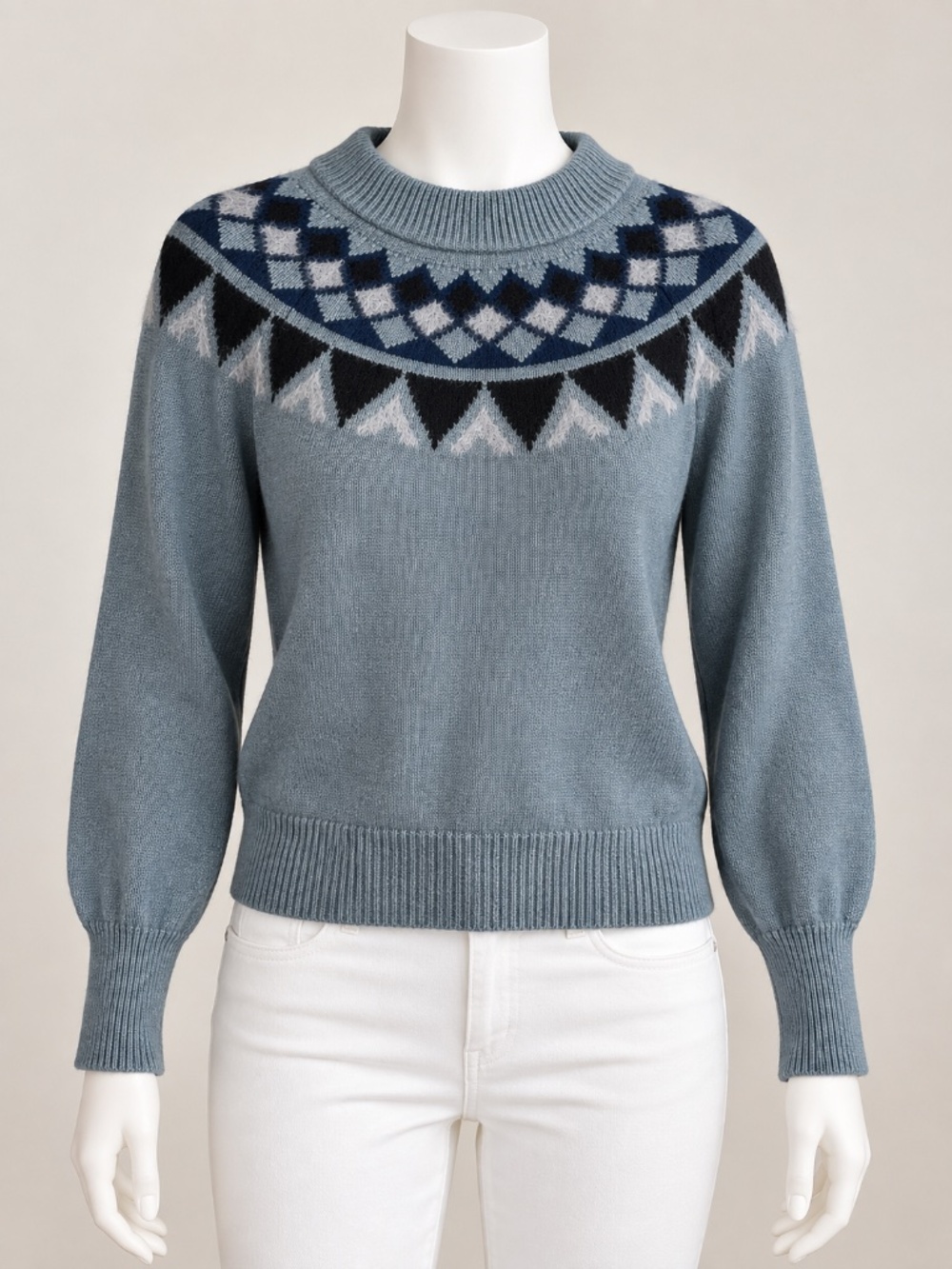 Ann Taylor Mock Neck Fair Isle Sweater Size S Color Teal Storm Cloud Wool Blend